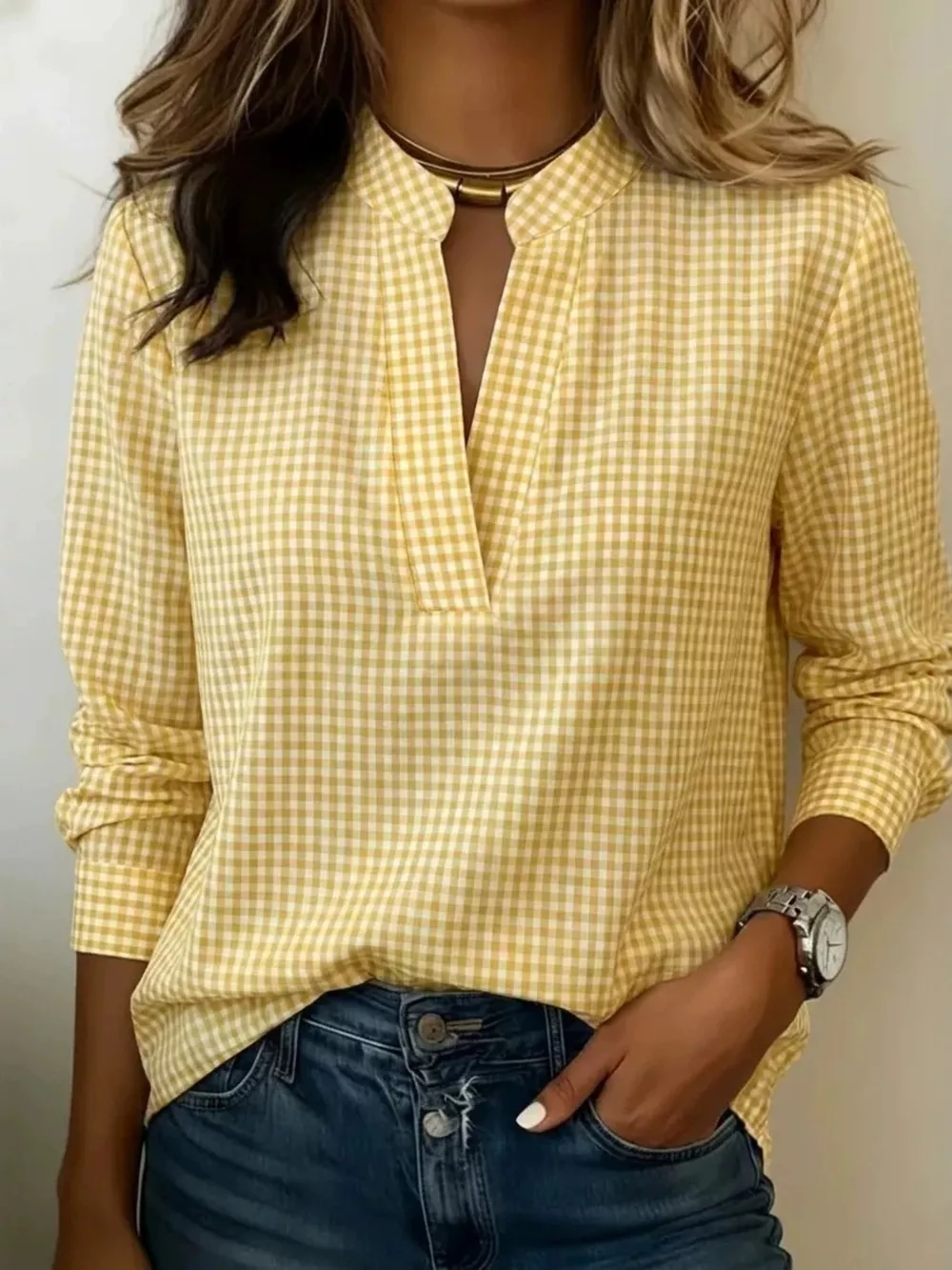 Full Size Plaid Notched Long Sleeve Blouse Plus Size, image 3