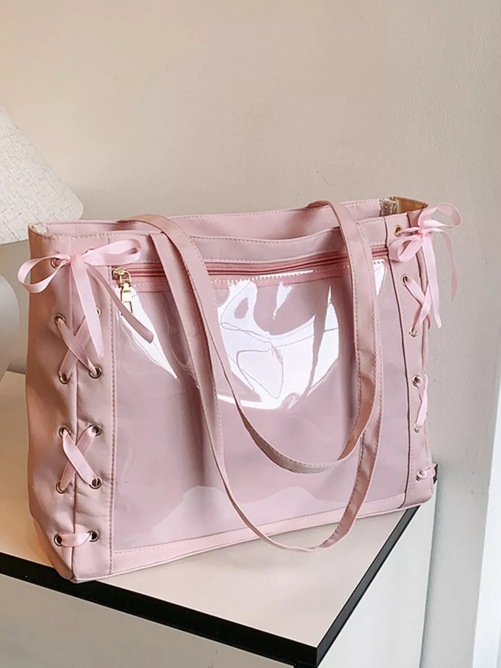 Lace-Up Trim Clear Panel Shoulder Bag, image 11