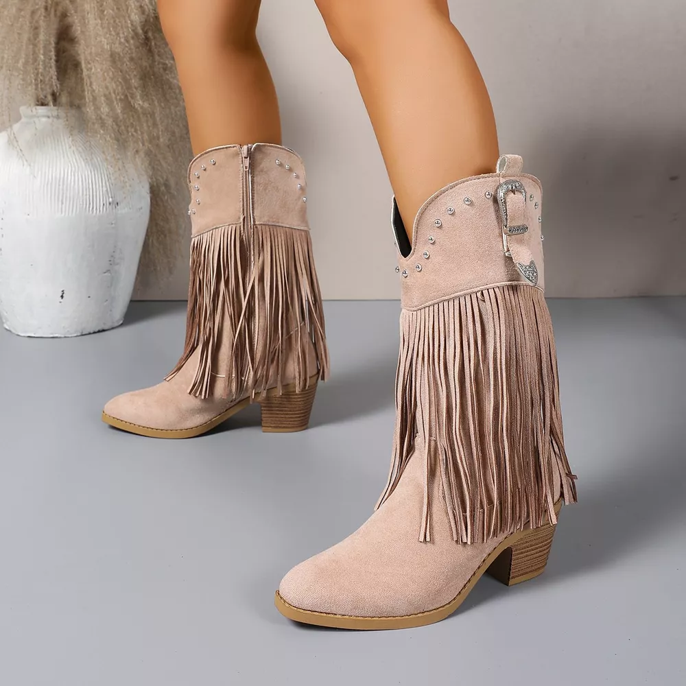 Fringe Round Toe Block Heels Boots, image 13