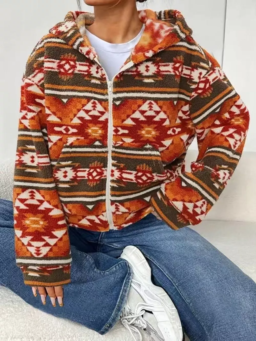 Aztec Print Zip Up Fuzzy Outerwear, image 2