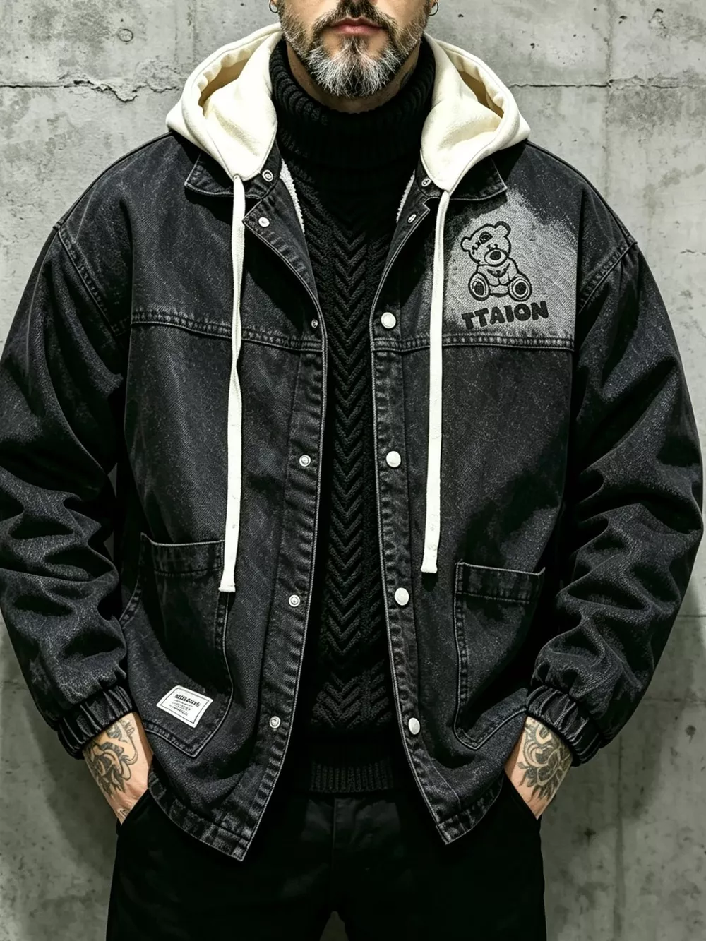 Men's Plus Size Streetwear Washed Snap Down Denim Jacket with Detachable Hood
