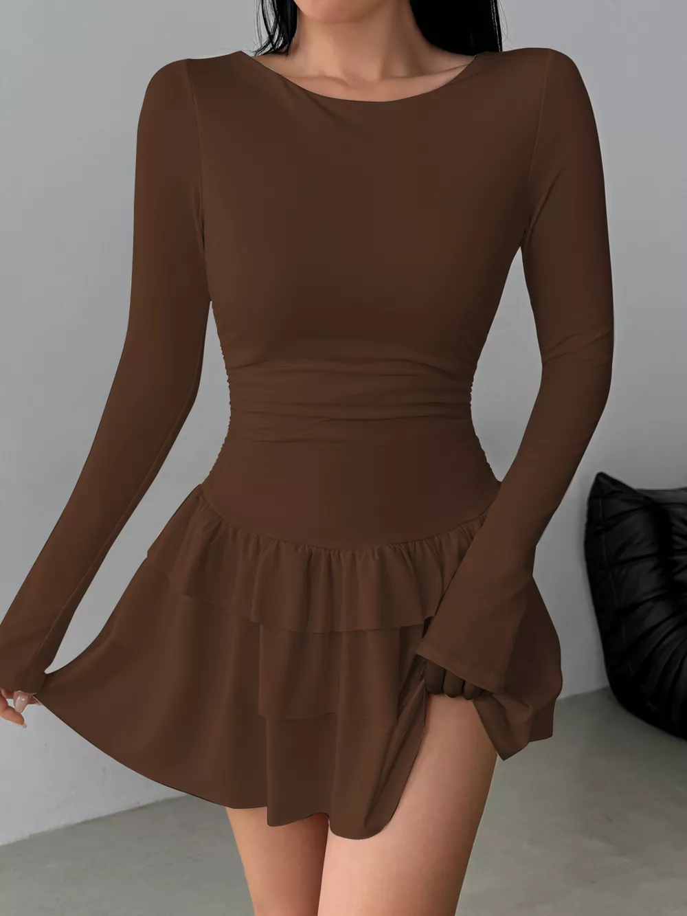 Ruched Long Sleeve Layered Ruffle Mini Dress, image 7