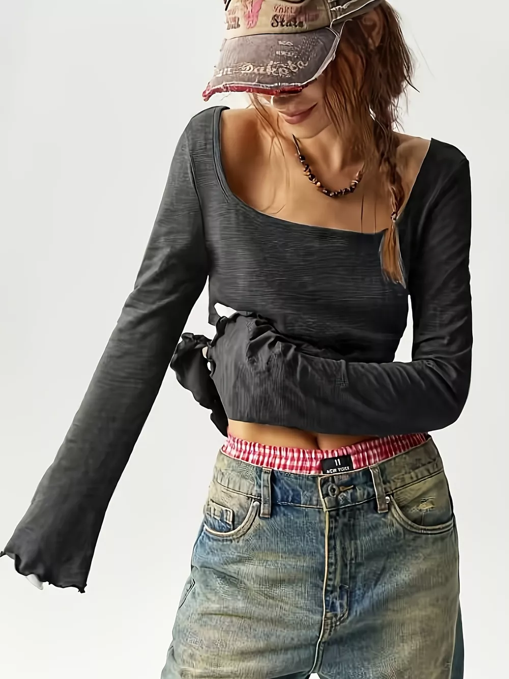 Long Sleeve Square Neck Slim-Fit T-Shirt