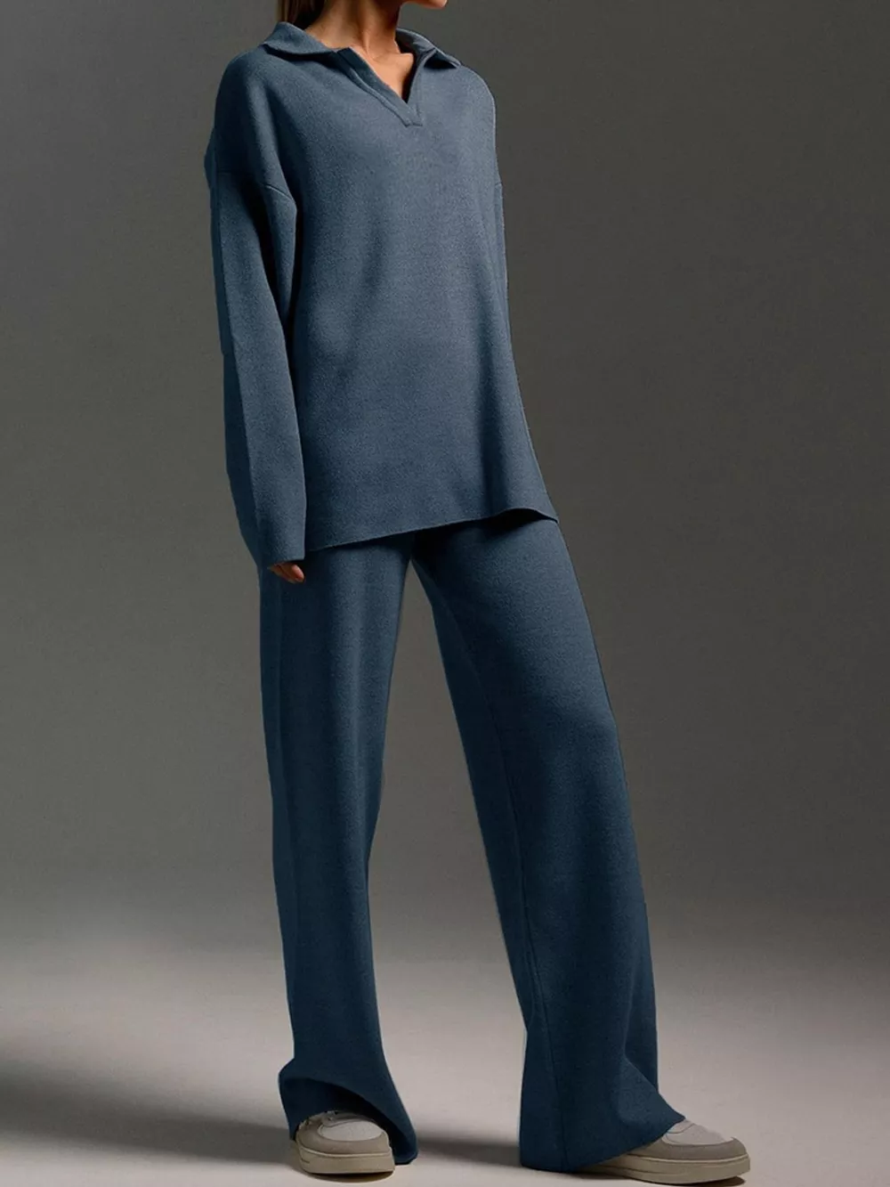 Polo Collar Top and Wide-Leg Pants Set, image 17
