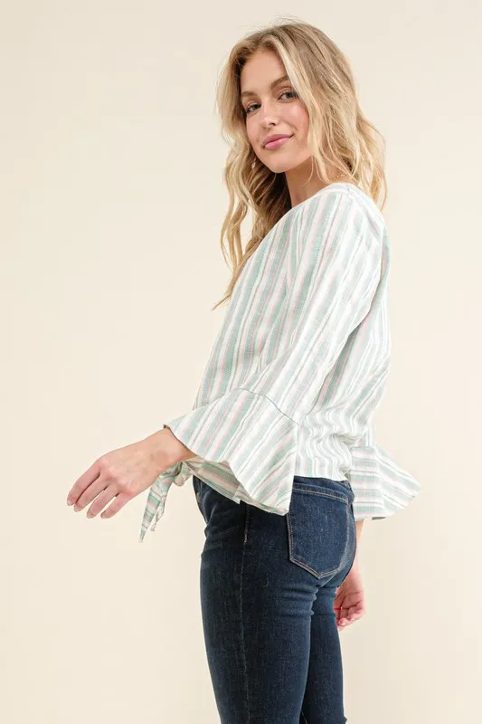 Stripe Tie Knot Front Bell Sleeve Top, image 2