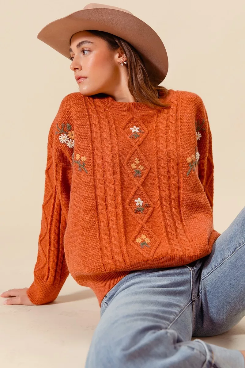 Embroidered Flower Cable Knitted Sweater, image 2