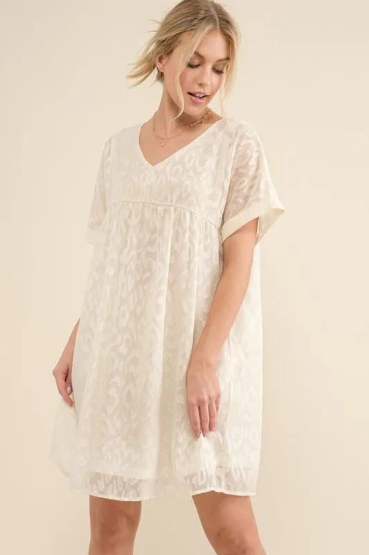 Woven Leopard Baby Doll Roll-Sleeve Casual Dress, image 7