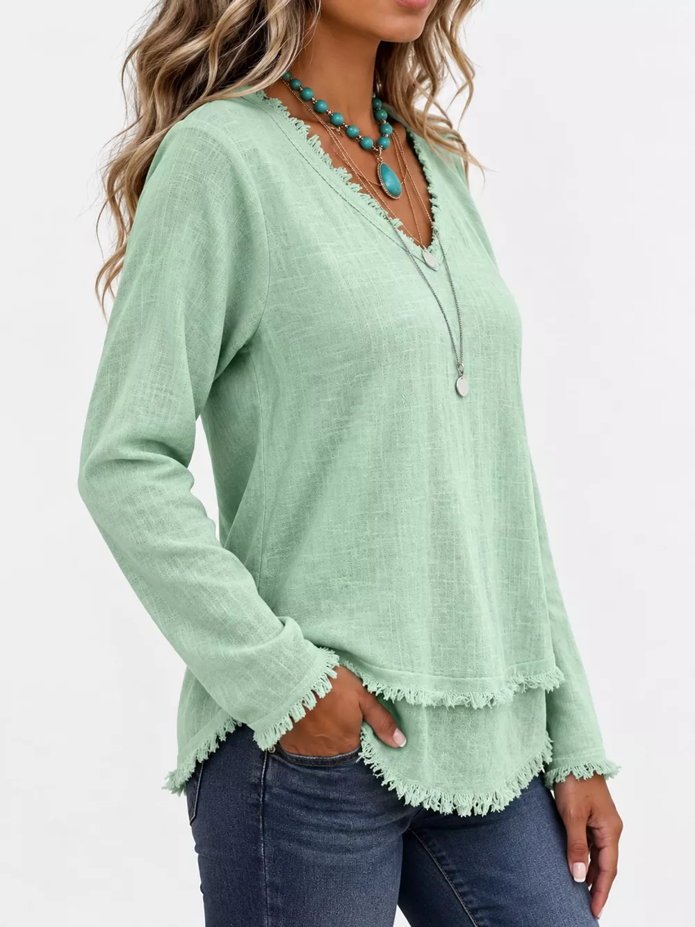 Full Size Frayed Hem V-Neck Blouse Plus Size, image 62