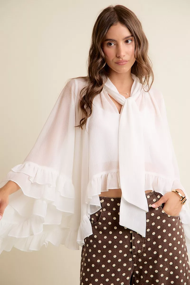 Sheer Ruffle Bell Sleeves Bow Tie Flowy Blouse Top, image 8