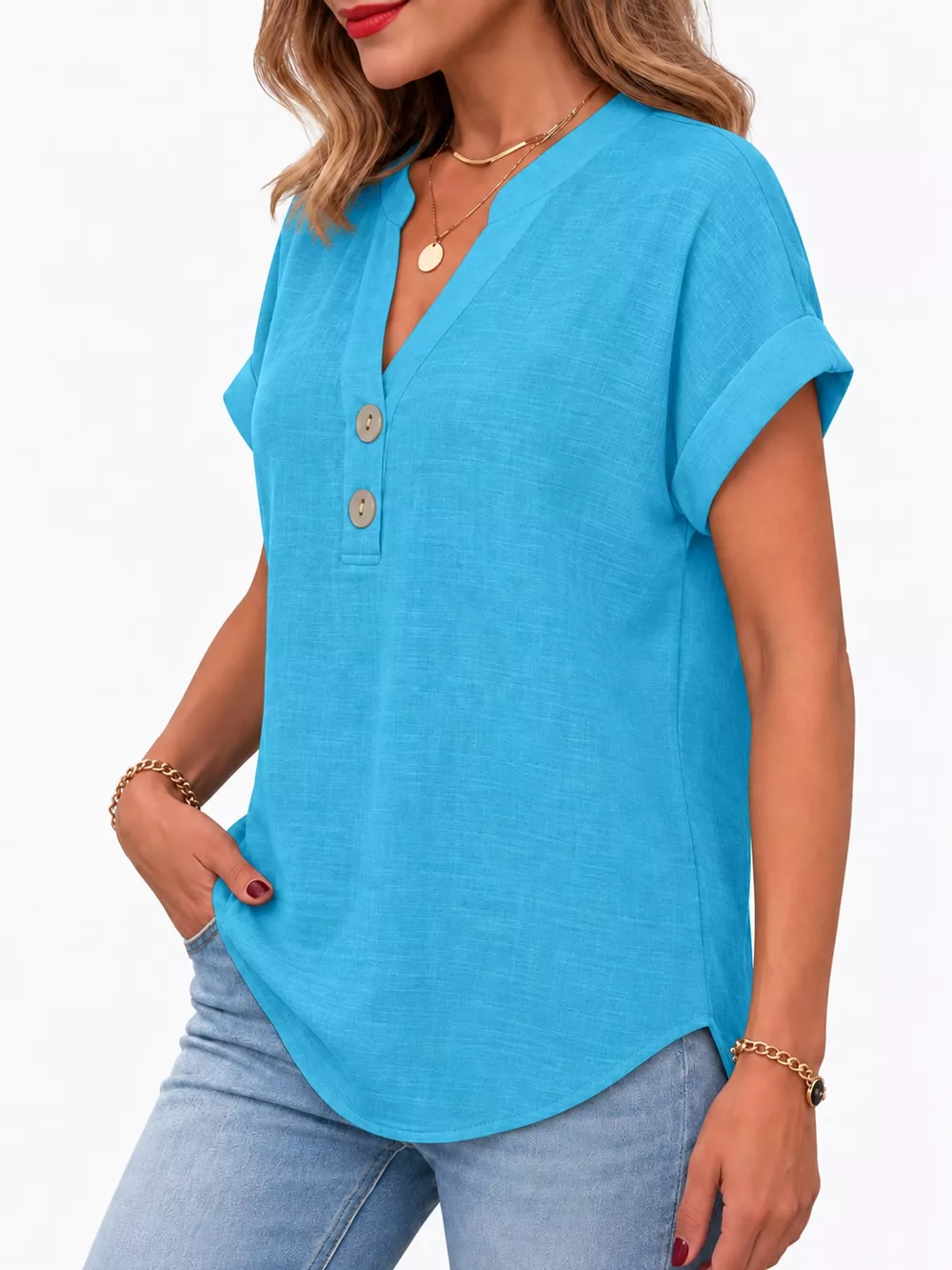 Full Size Button Detail Short Sleeve Blouse Plus Size, image 62