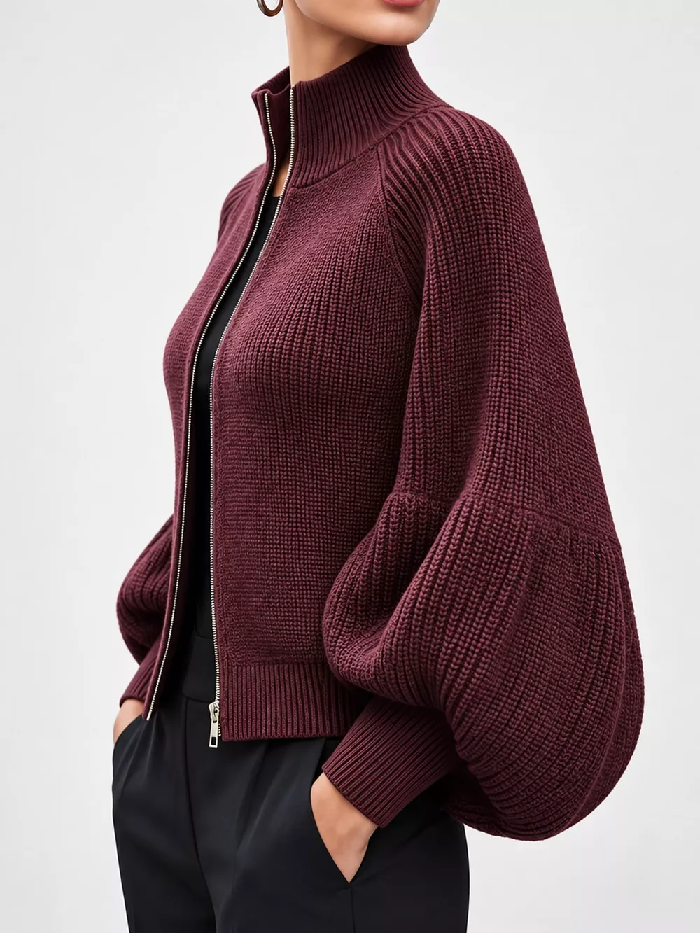 Ribbed Knit Zip-Up Cardigan with Lantern Sleeves, image 2