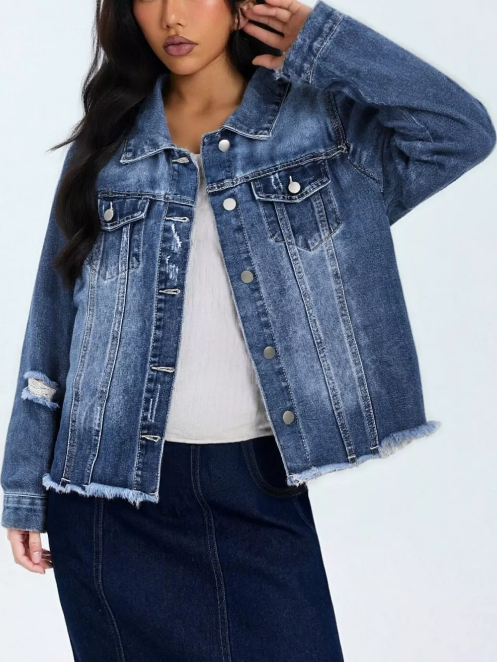 Distressed Raw Hem Denim Jacket, image 8