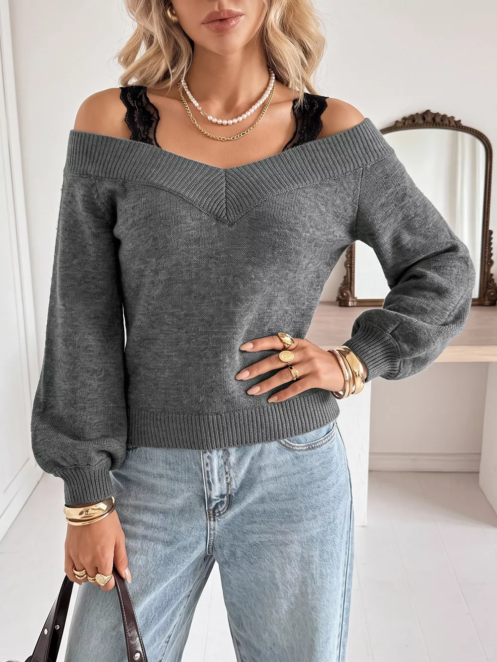 Off-Shoulder Lace Trim Sweater, image 4