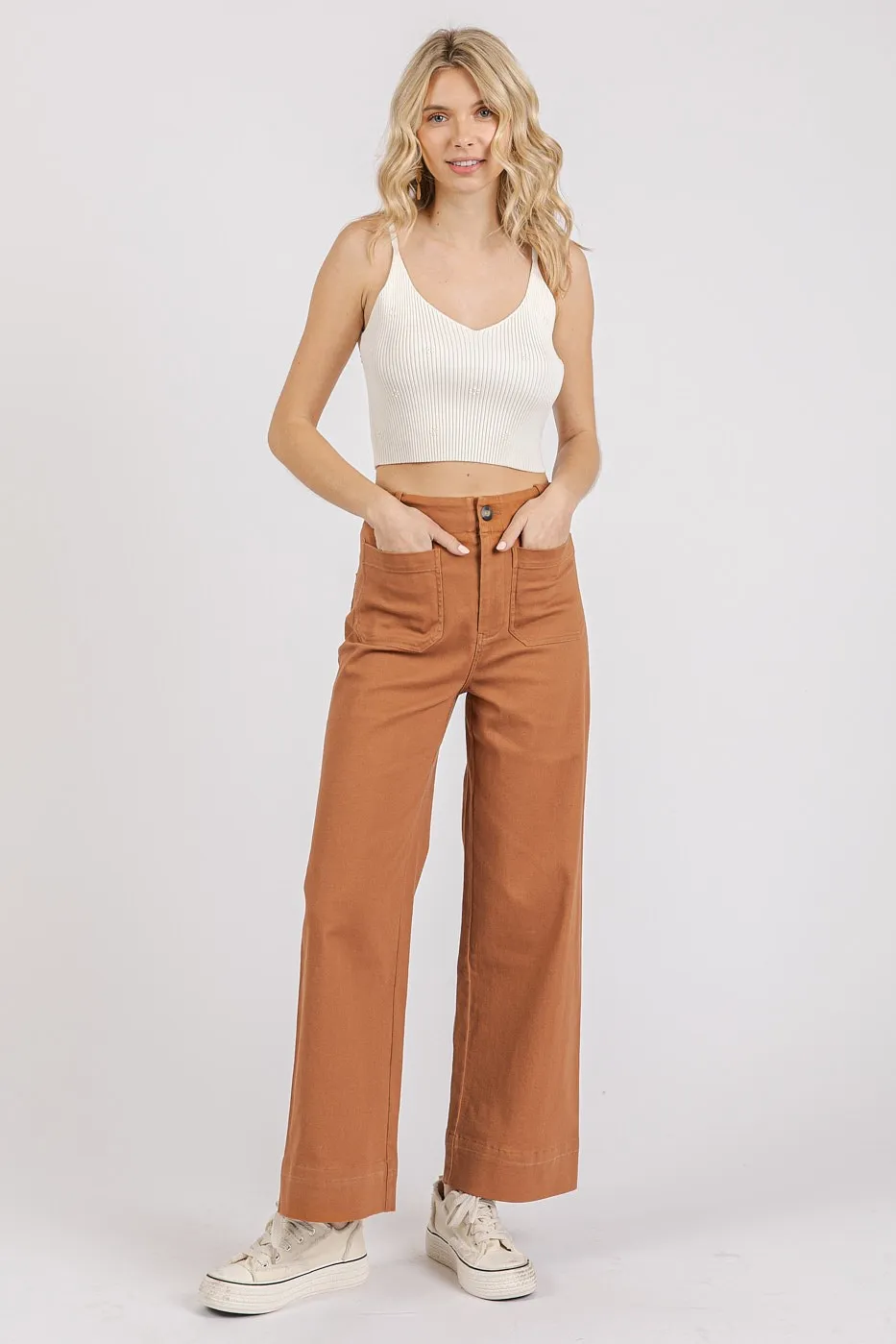 Twill Patch Pocket High Rise Wide Leg Pants, image 6