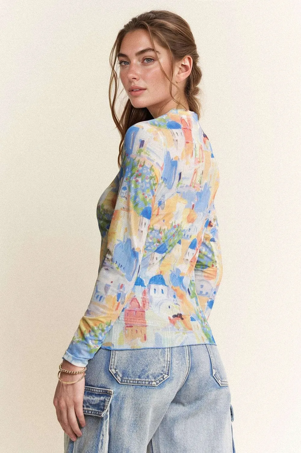 Multi Printed Mesh Round Neck Long Sleeve Top, image 3