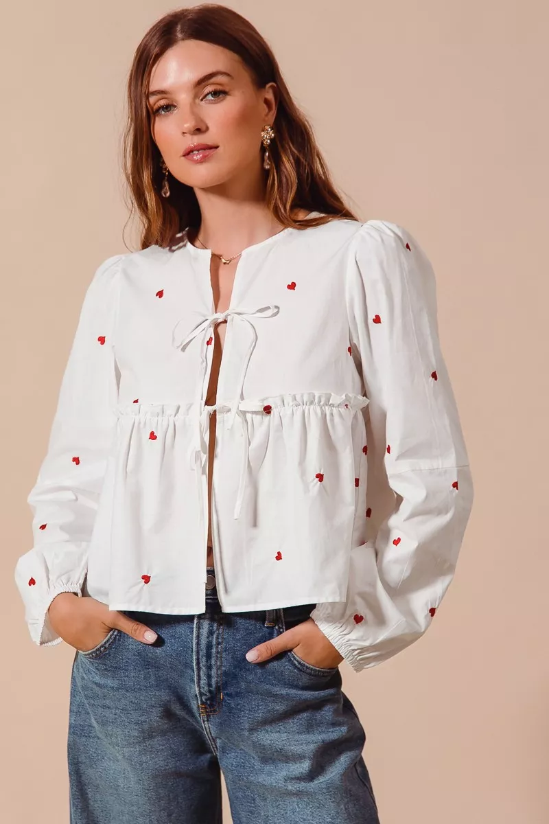 Front Tie Heart Embroidered Blouse With Puff Sleeve
