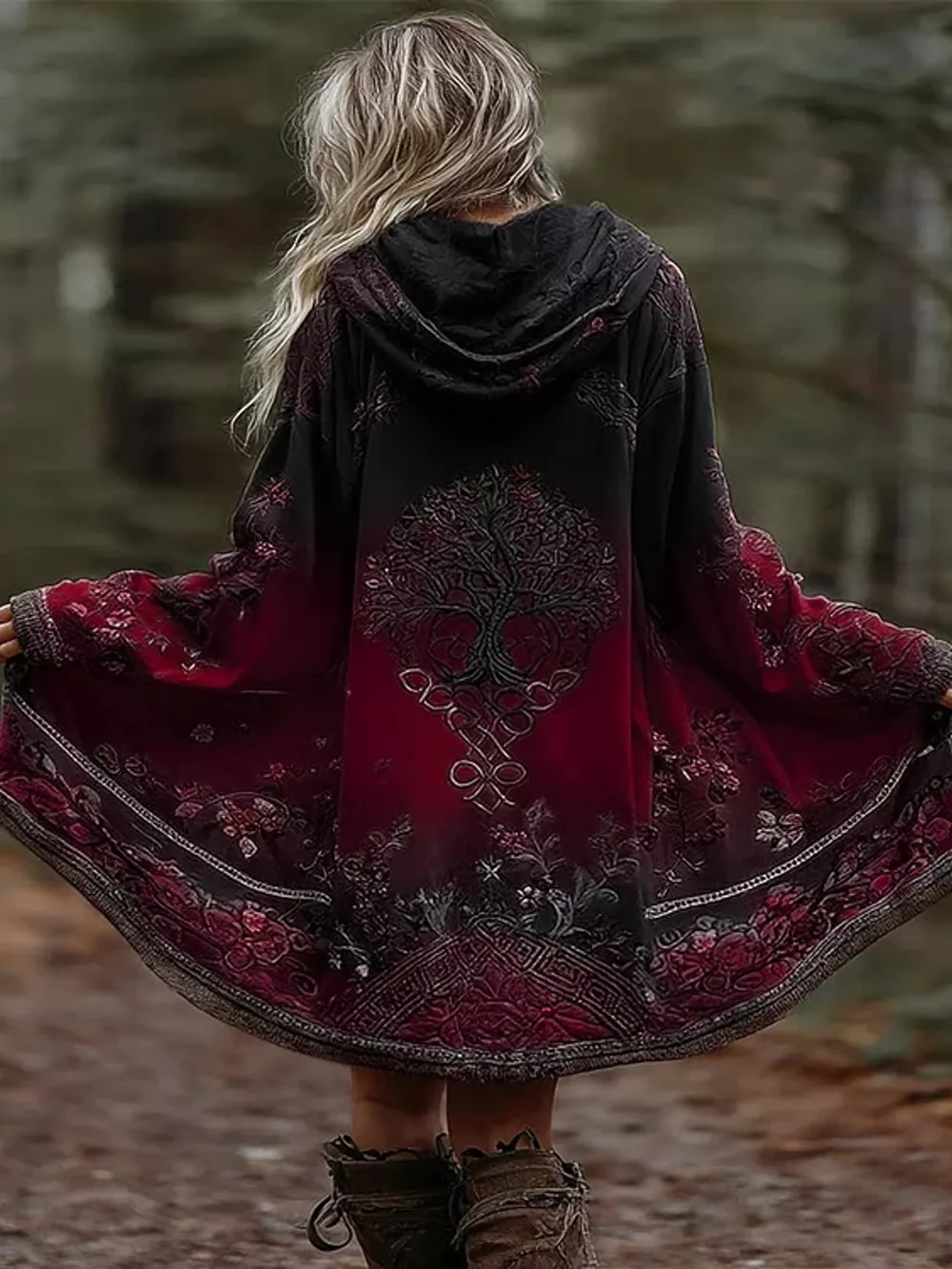 Full Size Tree Graphic Back Hooded Outerwear Plus Size, image 9