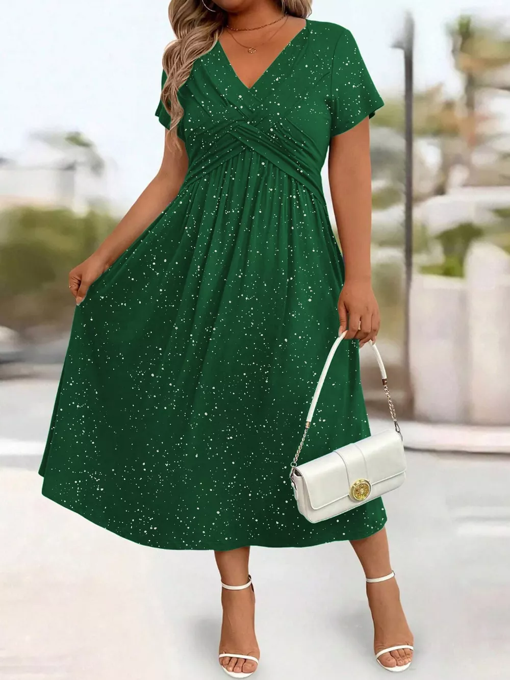 Full Size Twisted Front Short Sleeve Midi Dress with Pockets Plus Size, image 12
