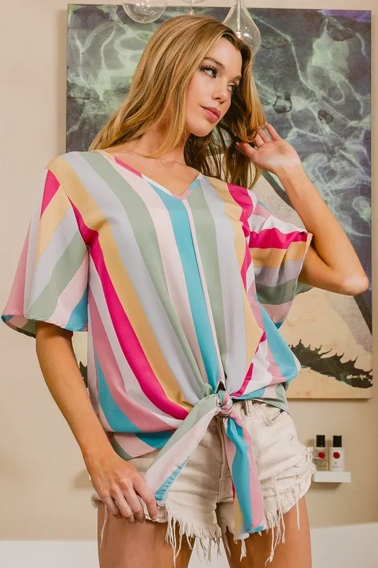 Multi Stripe Woven V Neck Top with Long Front Tie, image 7