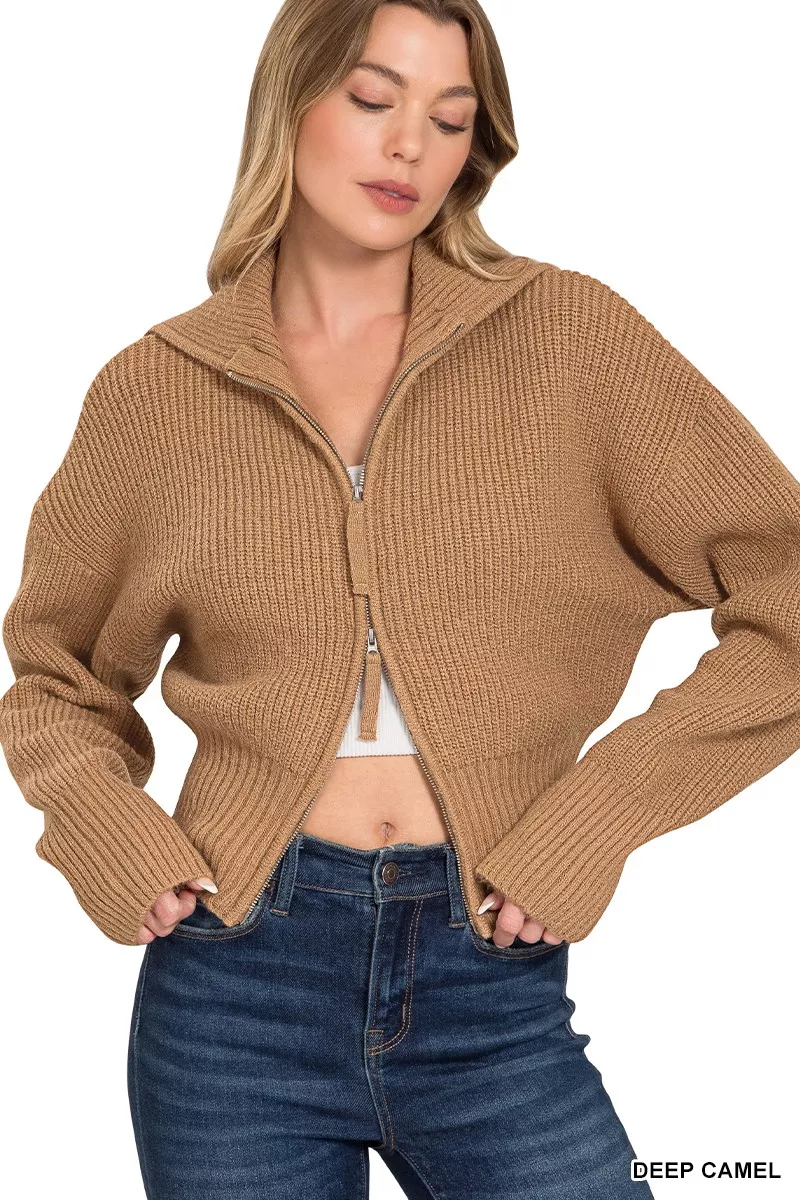 Ribbed Collared Zip Up Sweater Cardigan, image 2