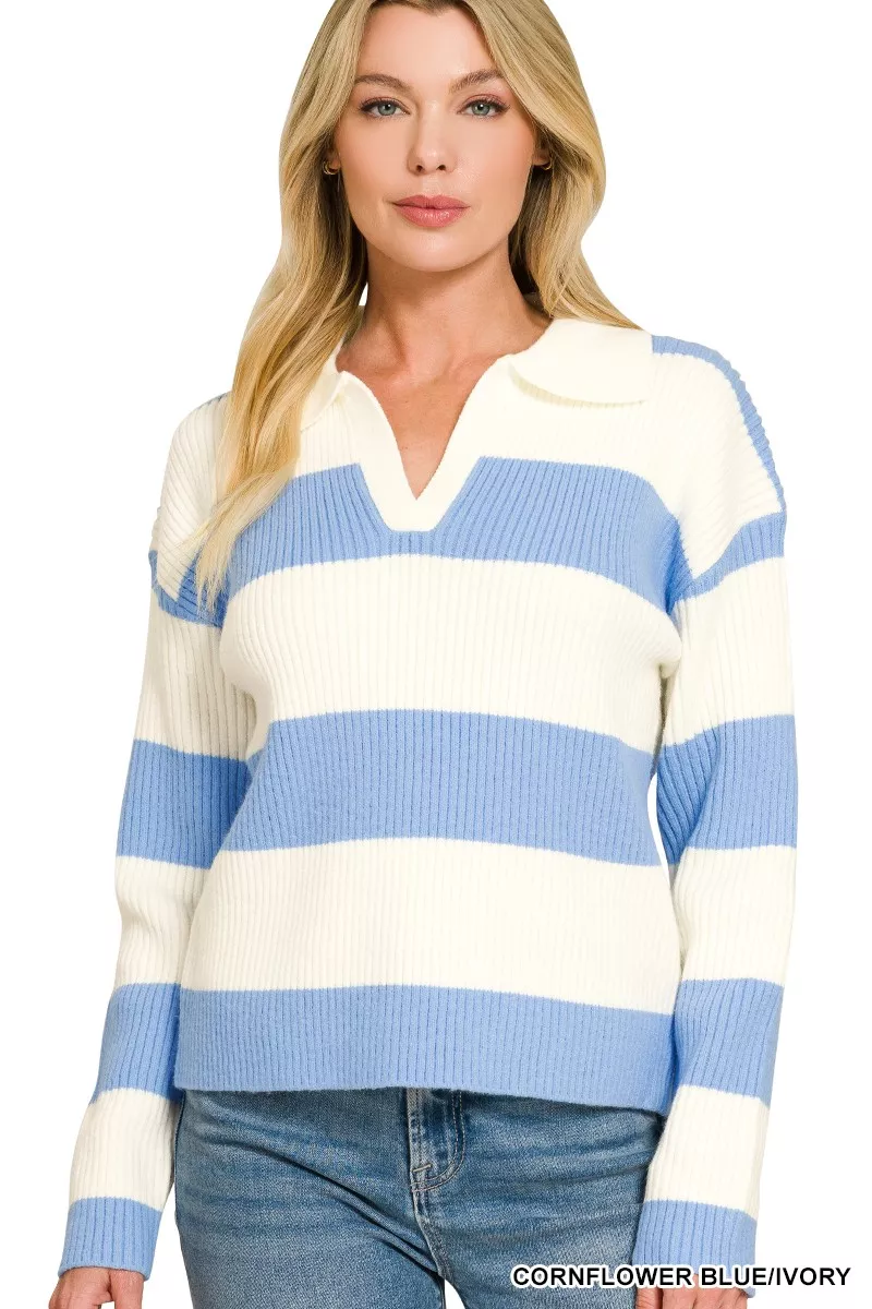 Zenana Striped Collared Sweater