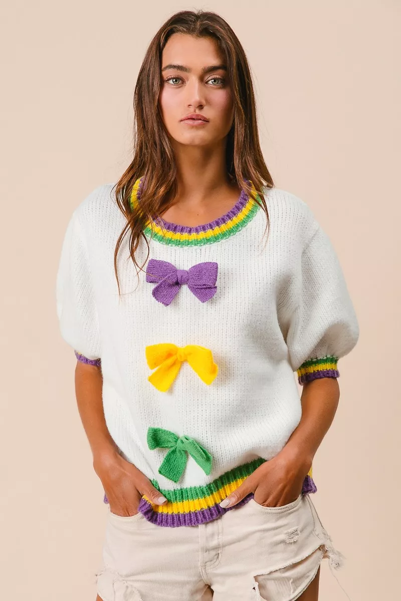 Short Puff Sleeve Ribbon Bow Mardi Gras Sweater, image 10