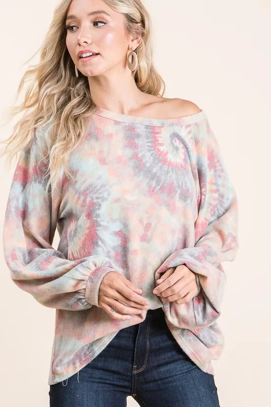 Brushed Tie Dye Print Top with Puff Sleeves, image 9