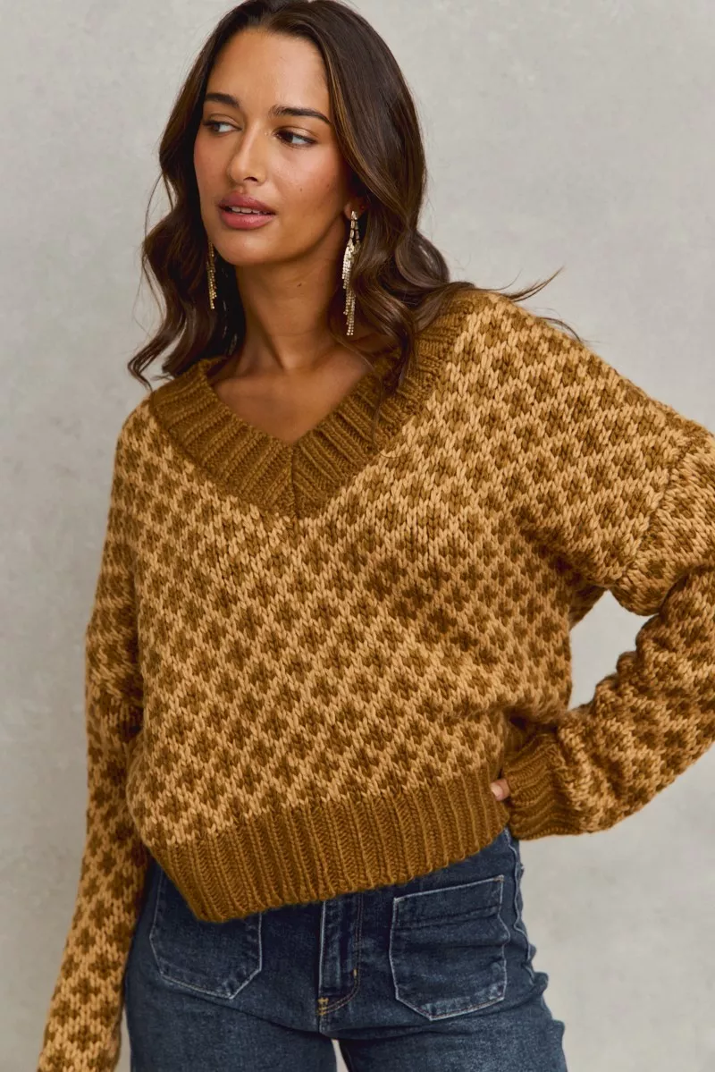 Color Block Textured Christmas Sweater V Neck Top, image 6
