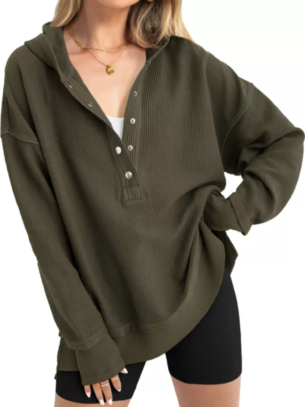 Full Size Snap Button Placket Dropped Shoulder Hoodie Plus Size, image 40