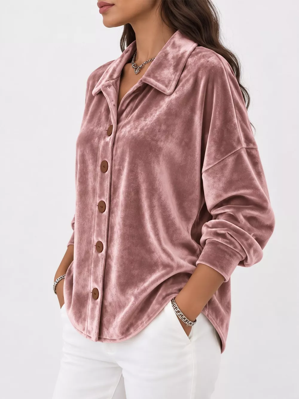Full Size Velvet Button-Down Long Sleeve Shirt Plus Size, image 6