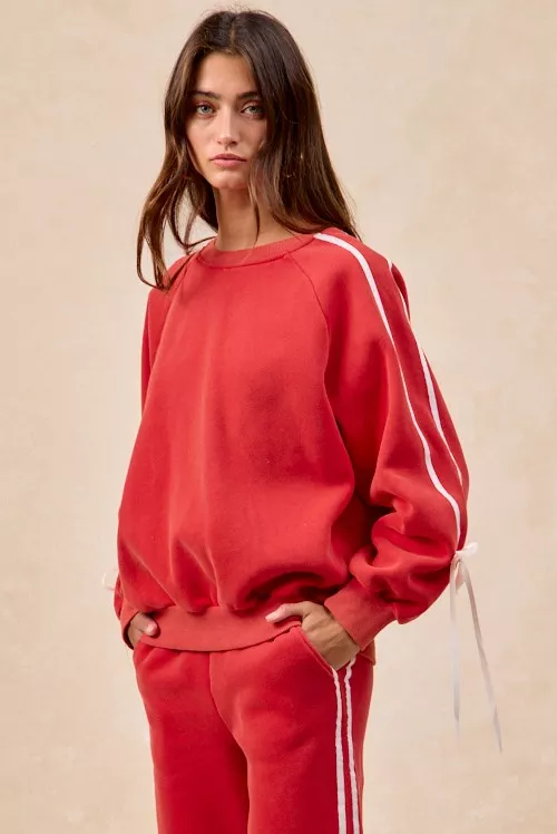 Side Lined Bow Details Fleece Sweatshirt, image 2