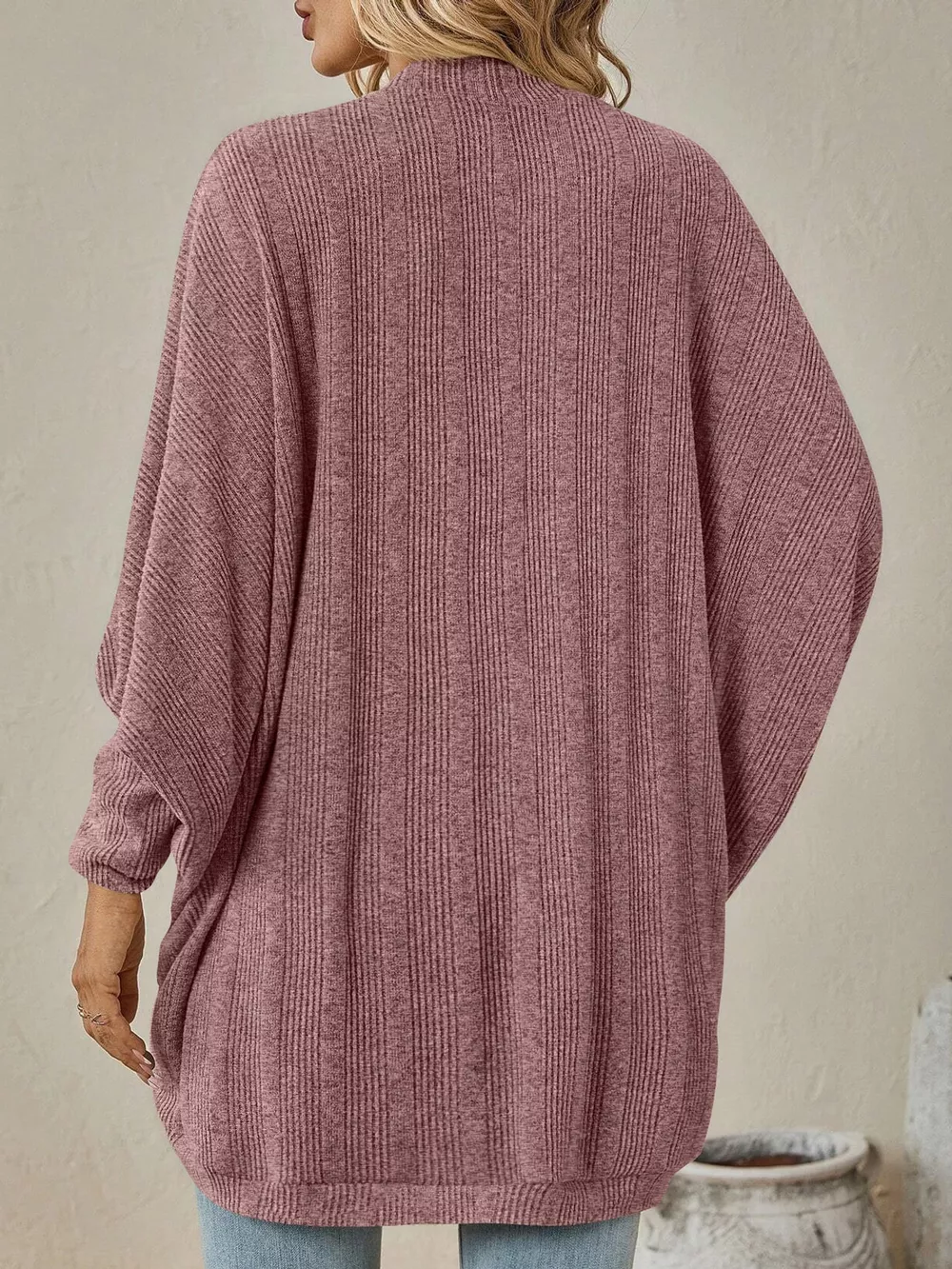 Casual Open Front Batwing Sleeve Ribbed Knit Cardigan, image 14