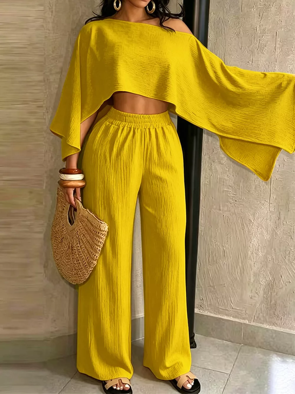 Boat Neck Crop Top and Wide-Leg Pants Set, image 10