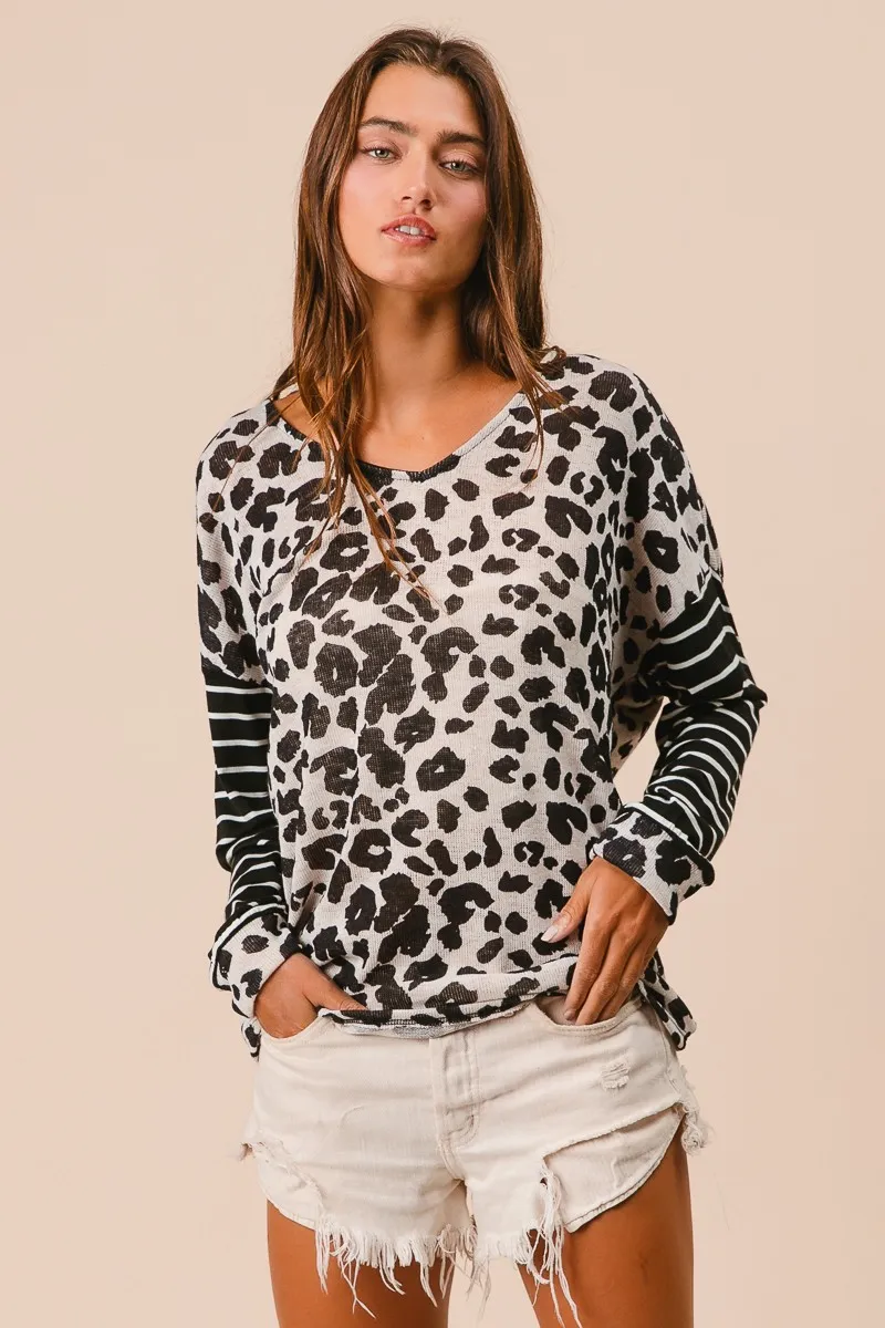 Leopard Hacci Knit Twist Back Top With Stripe Sleeve, image 5