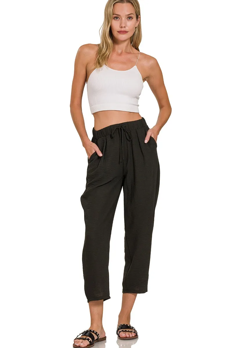 Woven Crepe Elastic Band Waist Pants