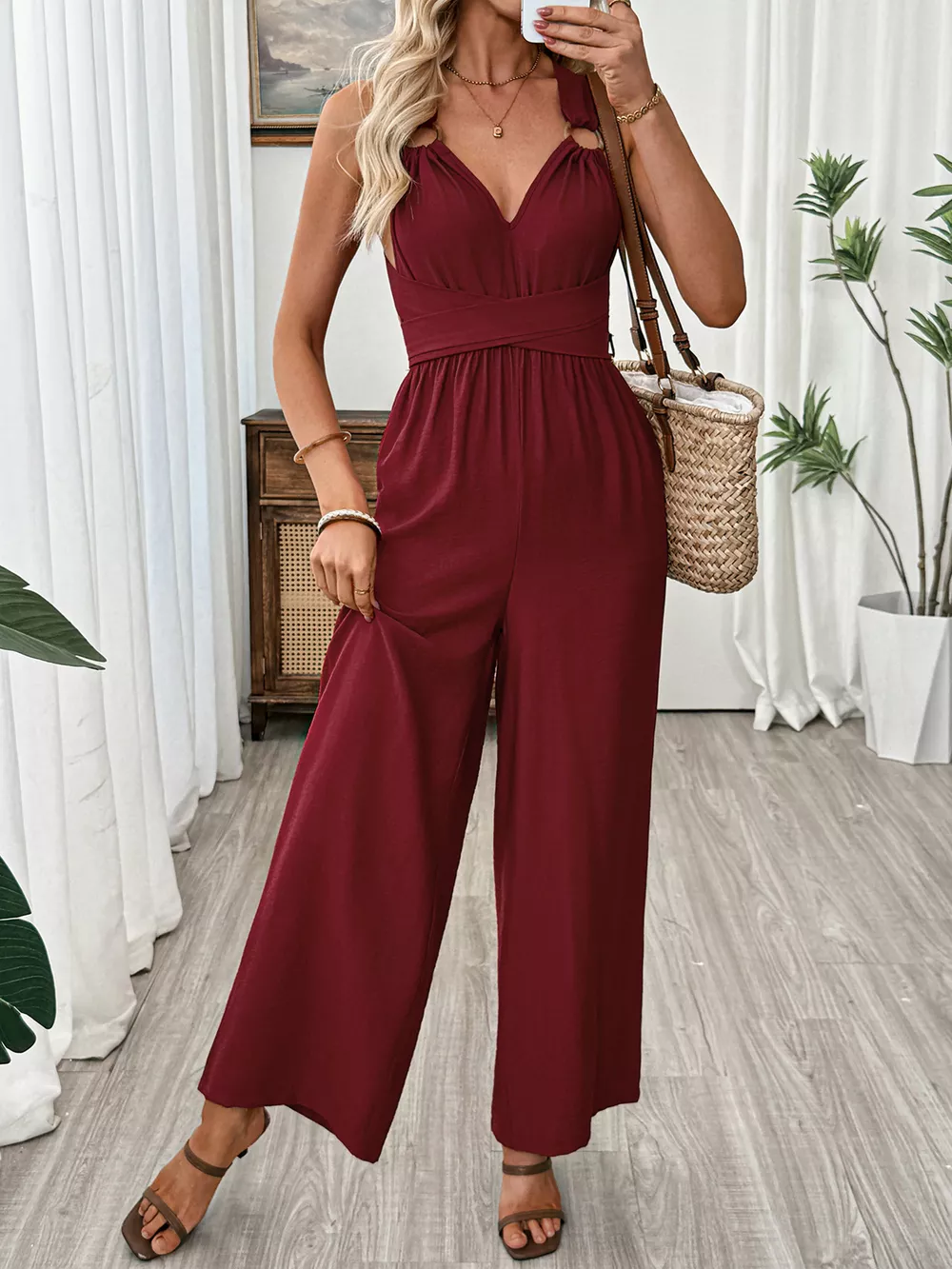 V-Neck Sleeveless Wide Leg Jumpsuit