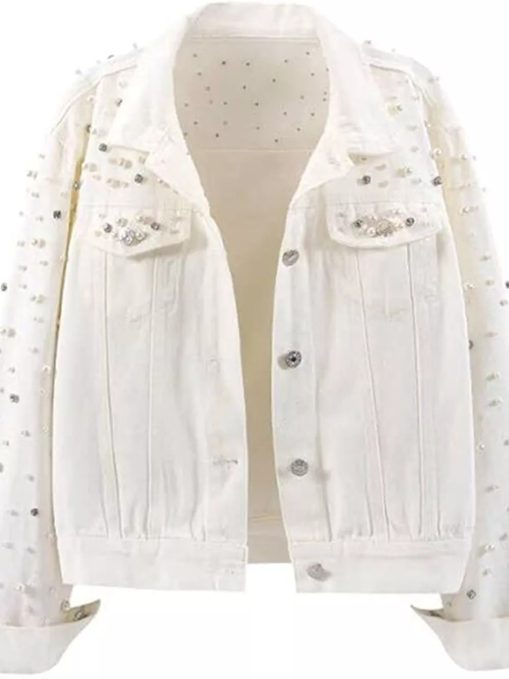 Pearl Detail Button Up Denim Jacket, image 13