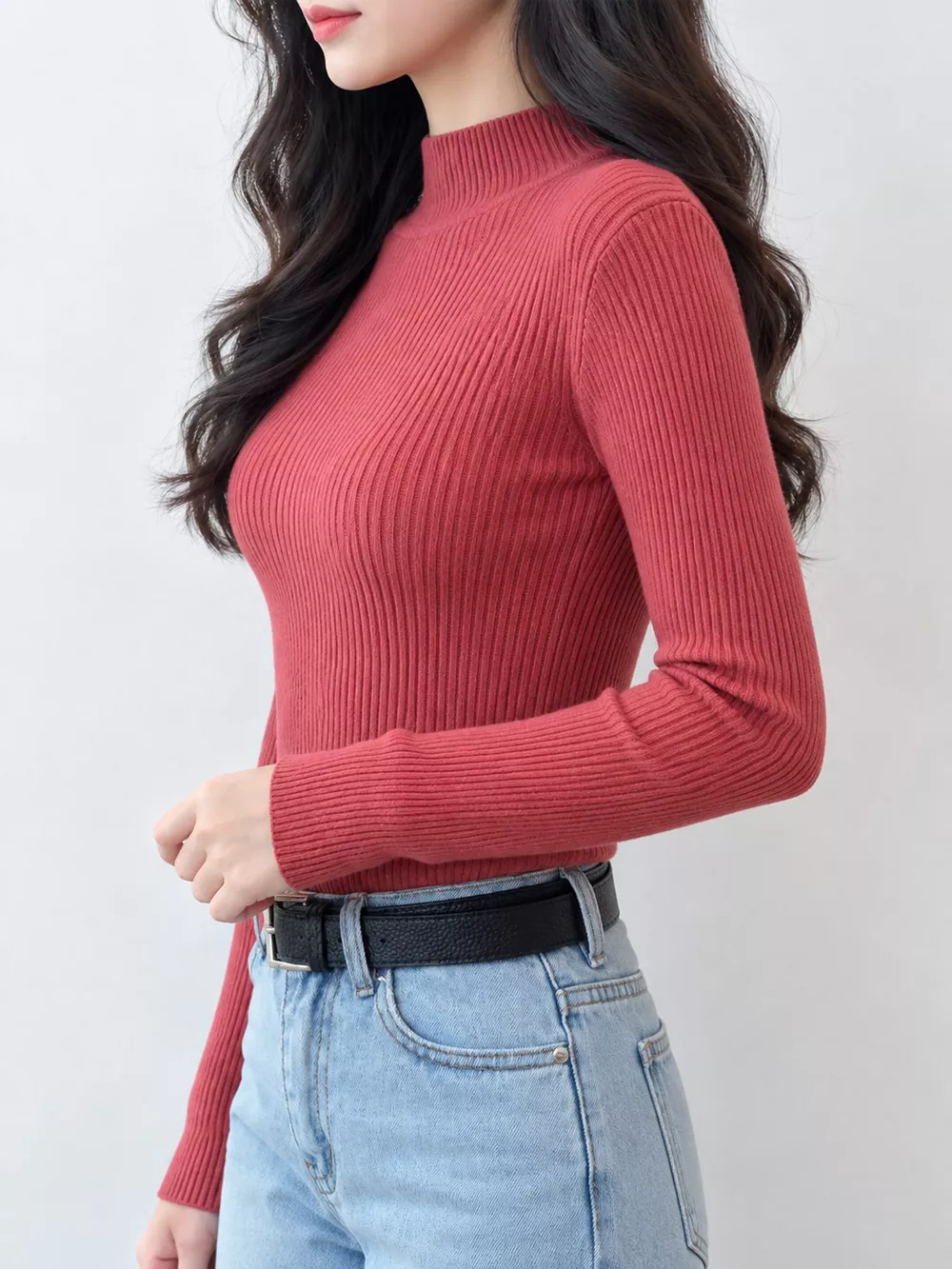 Elegant Slim-Fit Ribbed Mock Neck Knit Top, image 64