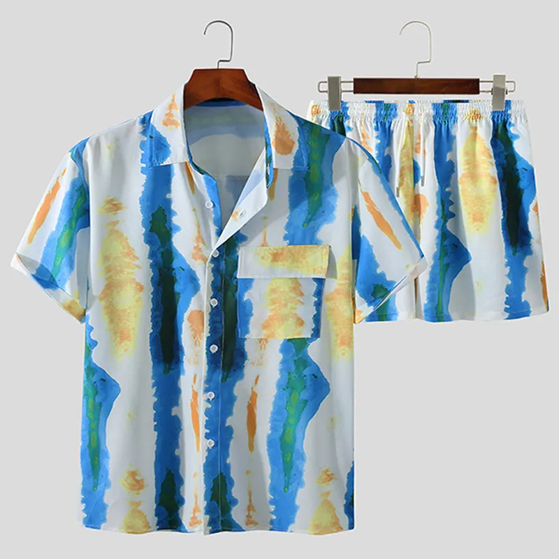 Men's Full Size Printed Button Up Short Sleeve Shirt and Shorts Plus Size