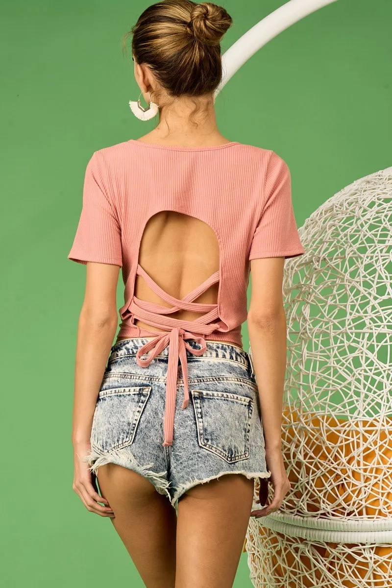 Rib Knit with Back Cross and Tied Detailed Top, image 14