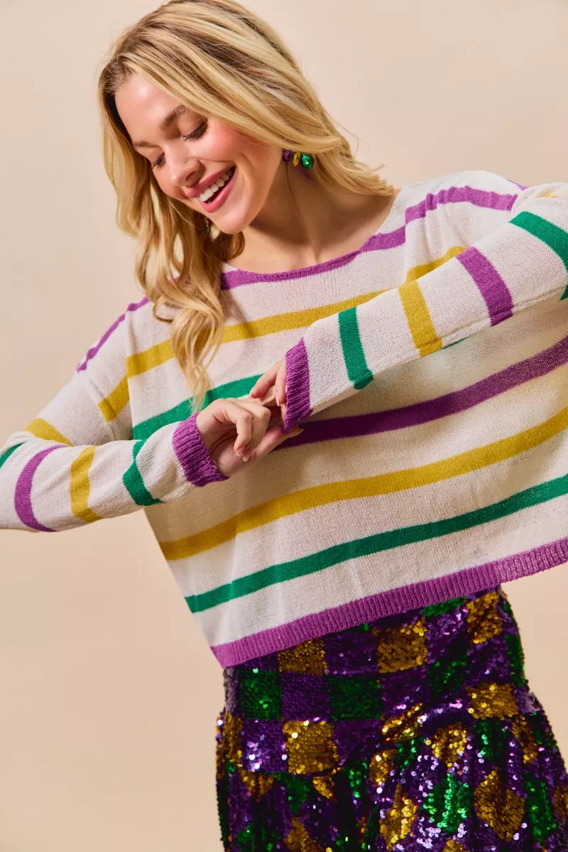 Mardi Gras Color Stripe Lightweight Sweater Top, image 2