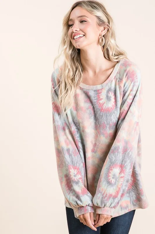Brushed Tie Dye Print Top with Puff Sleeves, image 10
