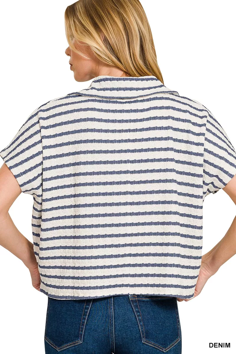 Striped Split Neck Collared Top, image 2