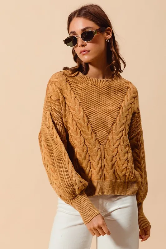 Mineral Washed Loose Fit Textured Cable Sweater, image 9