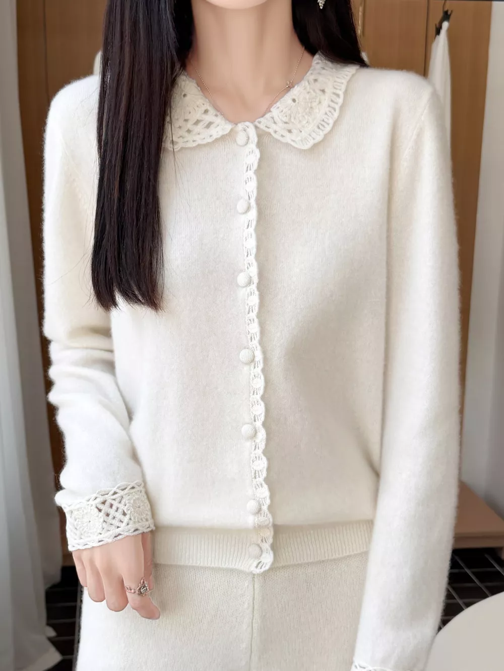 Lace-Collar Button Down Knit Cardigan, image 14