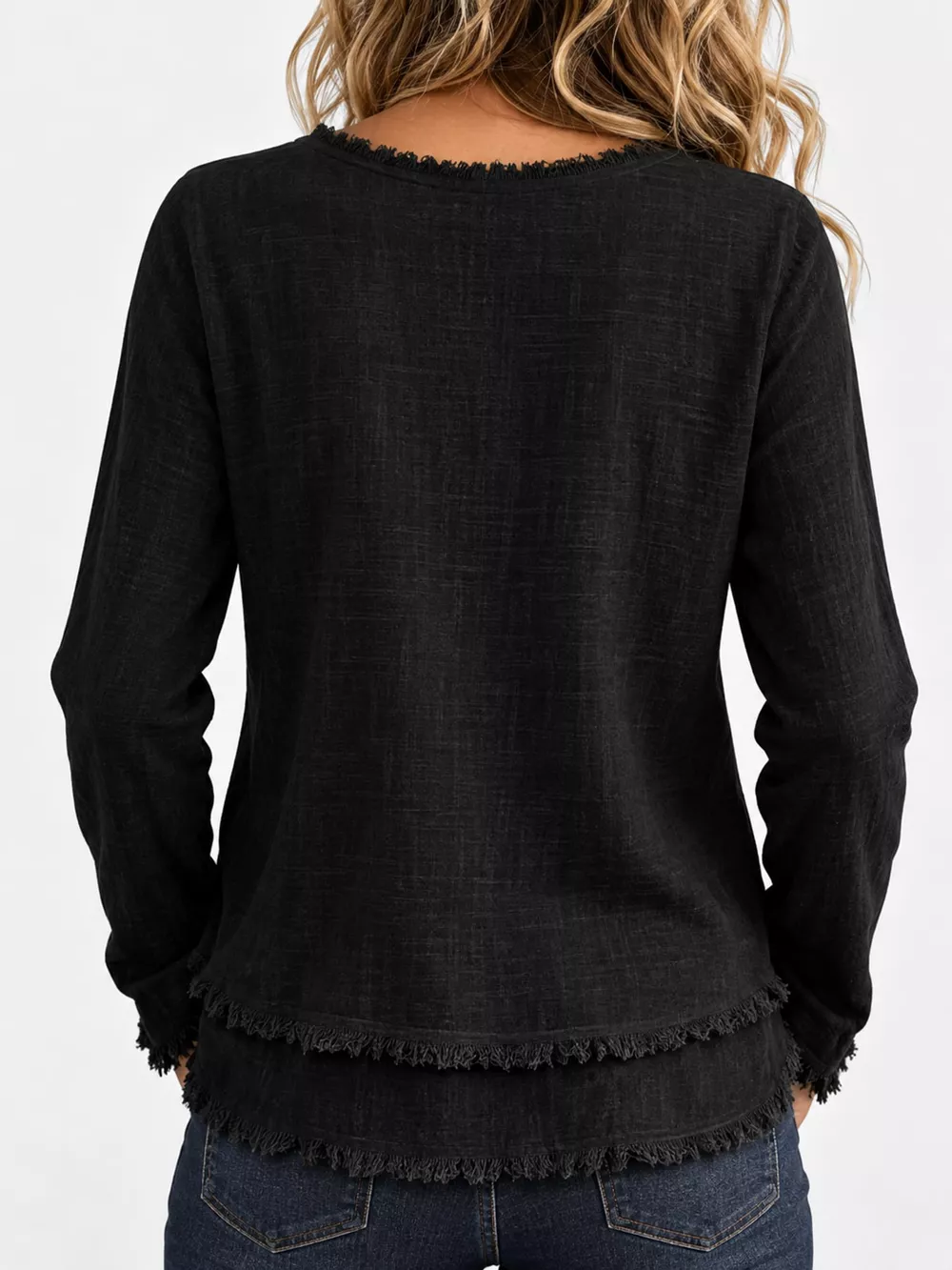 Full Size Frayed Hem V-Neck Long Sleeve Blouse Plus Size, image 8