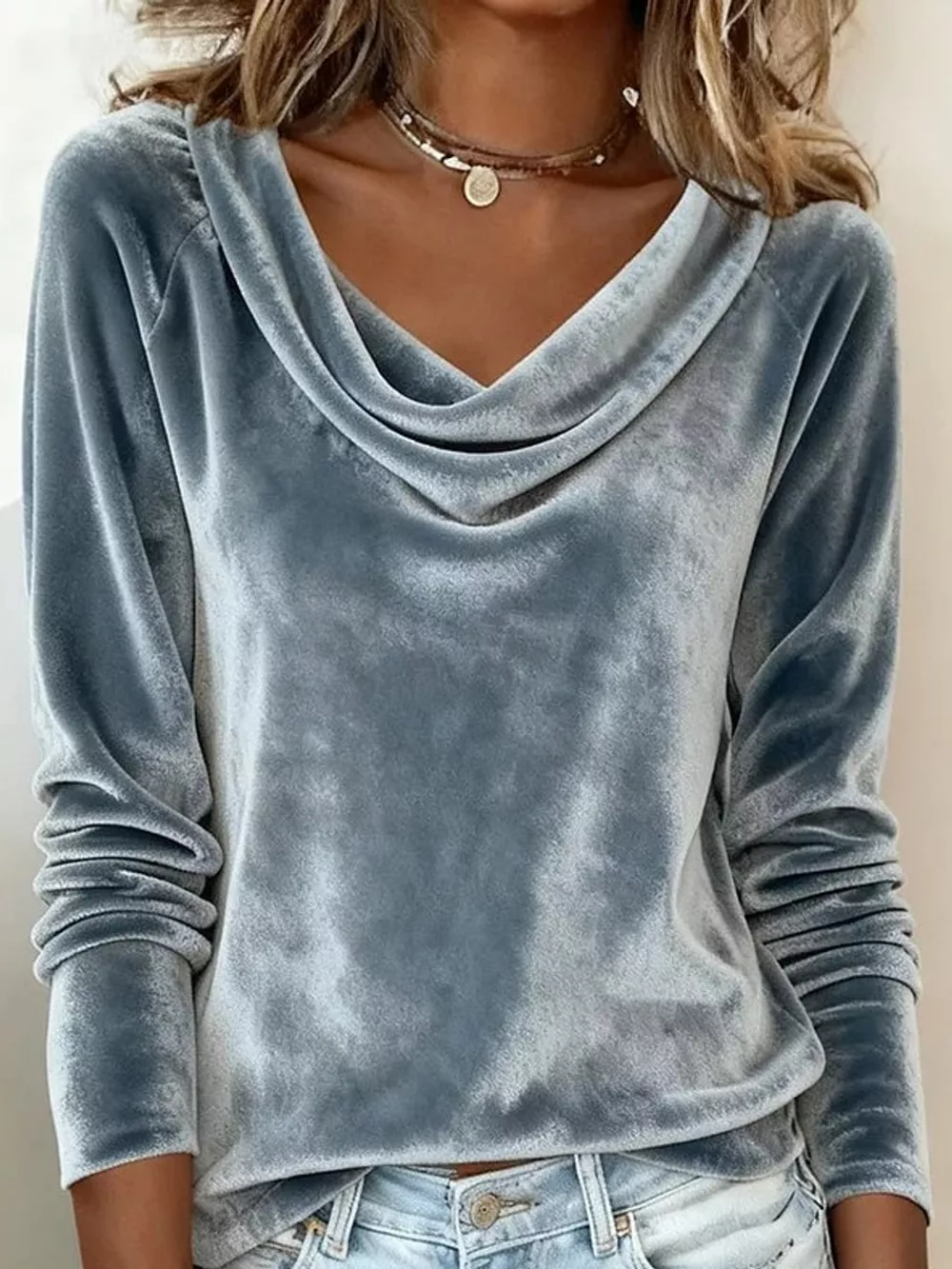 Full Size Velvet Cowl Neck Long Sleeve T-Shirt Plus Size, image 26