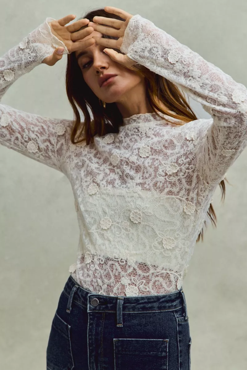 Lace Long Sleeve 3d Effect Floral Layering Top, image 2