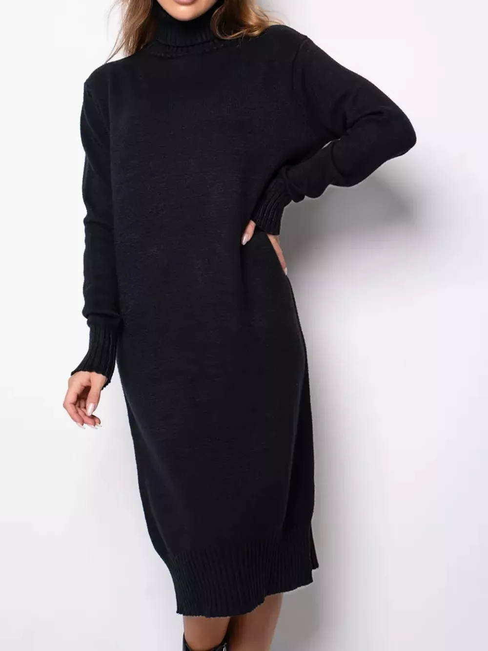 Turtleneck Ribbed Knit Sweater Dress, image 4