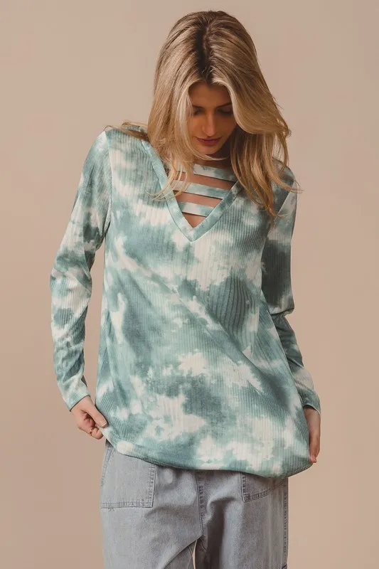 Variegated Tie Dye Rib V-Neck Top with Strapped, image 5